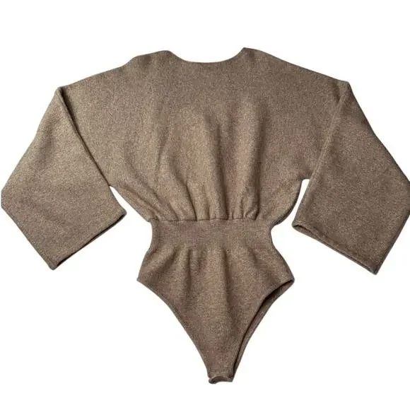 Zara Taupe Textured Wool & Camel Knit Bodysuit Size Large - Picture 4 of 15